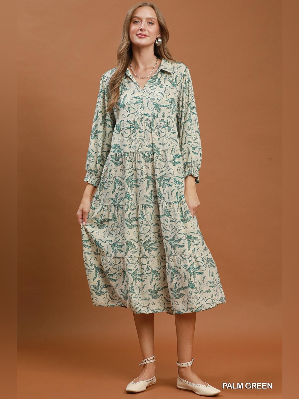 Umgee Linen Botanical Print Tiered Midi Dress🛍️